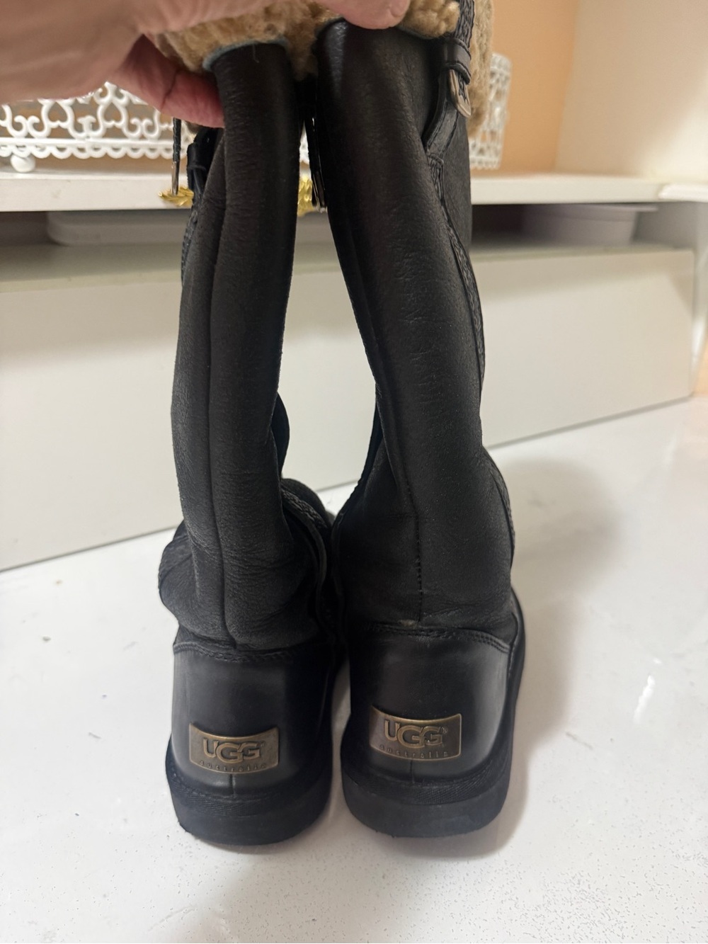 UGG Black Leather Tall Boot with Chestnut Shearling Cuff - Picture 7 of 16